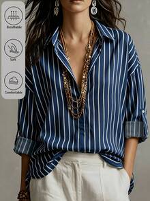 SHEIN LUNE Women's Navy Blue And White Versatile Casual Elegant Textured Long Sleeve Shirt For Vacation, Party Brunch, Commute And Daily Wear Autumn - Blue and White - View 1