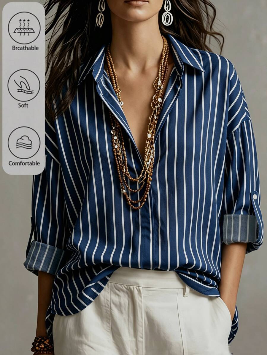 SHEIN LUNE Women's Navy Blue And White Versatile Casual Elegant Textured Long Sleeve Shirt For Vacation, Party Brunch, Commute And Daily Wear Autumn - Blue and White - View 1