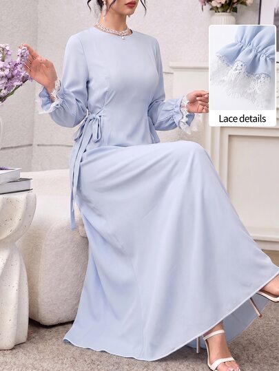 Yasmyna Women's Elegant Side Tie Lace Cuff Lantern Sleeve Light Blue Arabian Dress