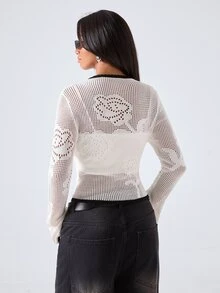 LYSMO Women's Autumn Fashion Contrast Trim Hollow Knit Sweater - Black and White - View 2