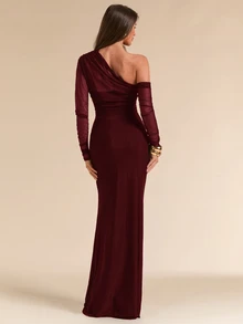 SHEIN BAE Spring/Summer Solid Black Asymmetrical Shoulder Ruched Fitted Maxi Fish Tail Mesh Dress For Women - Burgundy - View 7