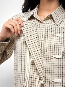Maija Women's Placket Design Long Sleeve Ruffle Hem Plaid Shirt - Apricot - View 3