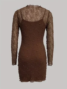 SHEIN Women's Long Sleeve Lace Fitted Mini Dress With Camisole Dress Set - Brown - View 2