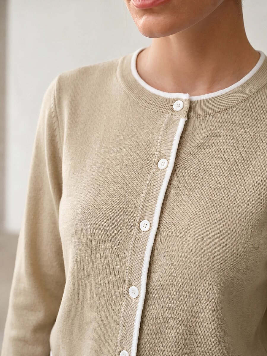 MOTF PREMIUM WOMEN'S CONTRAST TRIM BUTTON FRONT LIGHTWEIGHT CARDIGAN - Apricot - View 2
