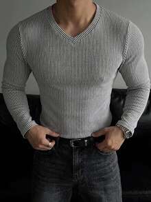 DAZY V-Neck Elastic Ribbed Ribbed Long Sleeve Slim Fit Basic T-Shirt For Men - Grey - View 4