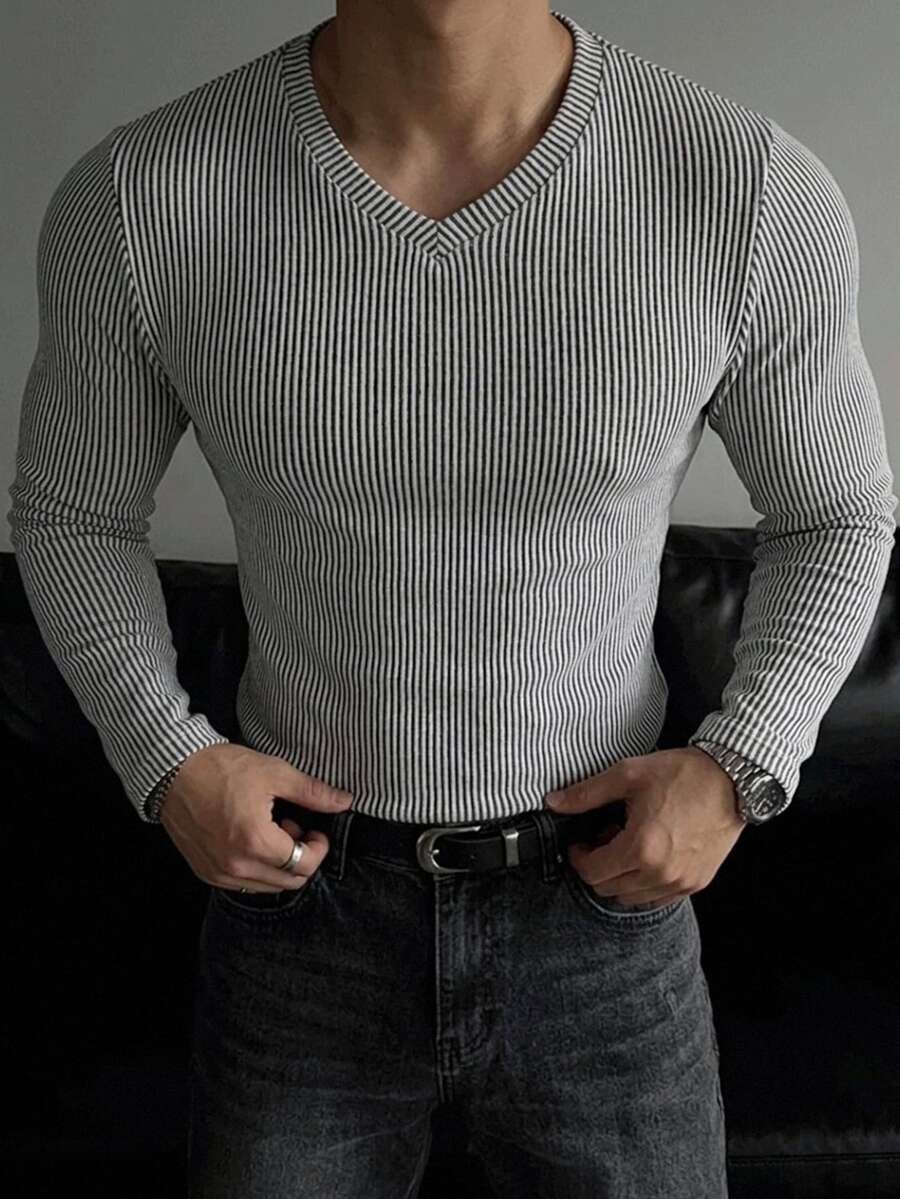 DAZY V-Neck Elastic Ribbed Ribbed Long Sleeve Slim Fit Basic T-Shirt For Men - Grey - View 1