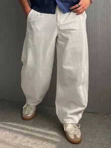 DAZY Spring/Autumn White Washed Distressed Straight Leg Loose Fit Korean Style Men's Plus Size Jeans - White - View 4