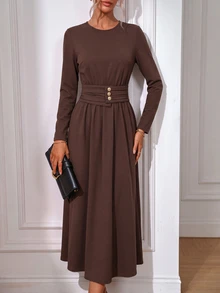 EMERY ROSE Gaun Panjang Wanita Gaya Prancis Elegan Sederhana Desain Mewah Kasual Bohemian untuk Liburan dan Perjalanan, Warna Polos - Coklat - View 3