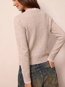Freevana Women's Contrast Lace Round Neck Long Sleeve Casual Sweater - Khaki - View 2