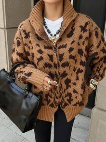 DAZY Autumn/Winter Leopard Print Lapel Single-Breasted Loose Silhouette Cardigan Long Sleeve Slouchy Personalized Street Commute Fashion Women's Open Front Sweater - Brown - View 6