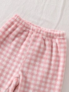 SHEIN 女童絨毛格紋長袖上衣與長褲休閒舒適柔軟2件式家居睡衣套裝 秋冬款 - 淺粉色 - 查看 4