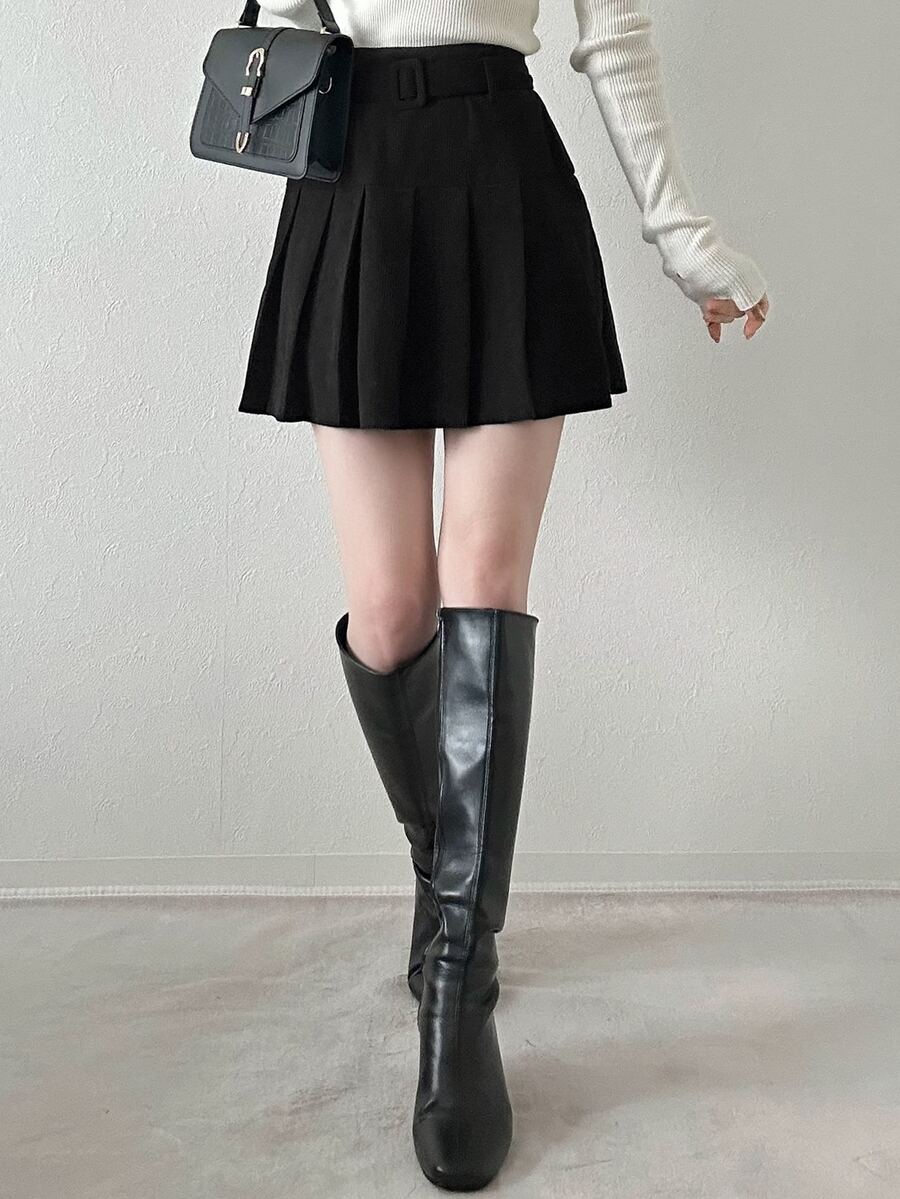 FRIFUL Women's Fashion Versatile Solid Color Pleated Skirt Fall - Black - View 1