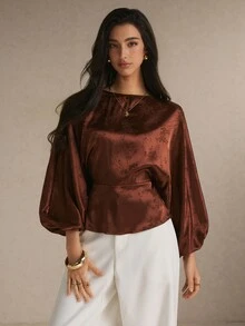 Poéselle Women's Jacquard Boat Neck Batwing Long Sleeve Elegant Blouse - Brown - View 4