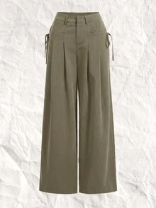 SHEIN EZwear 大尺碼休閒拉鍊百褶綁腰長褲，適合辦公室穿著 - 軍綠色 - 查看 1
