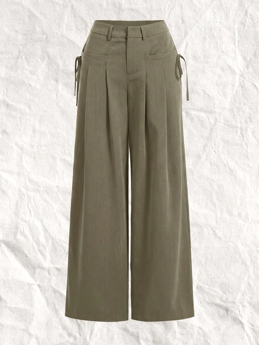 SHEIN EZwear 大尺碼休閒拉鍊百褶綁腰長褲,適合辦公室穿著 - 軍綠色 - 查看 1
