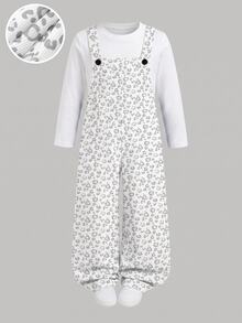 Elladie kids 女童可愛白色印花羅紋連身褲，2026年秋季時尚寬腿吊帶褲，7歲生日婚禮幼兒園仙女公主風 - 灰色 - 查看 6