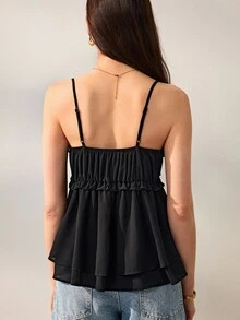 Willow Rêve Women's Black Loose Tie Front Cami Top, Ruffle Trim & Layered Design, Solid Color, Summer Romantic Bohemian Style, Suitable For Vacation, Party & Travel - Black - View 2