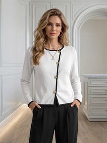 Medorina Women's Autumn Casual Colorblock Trim Cardigan - White - View 5