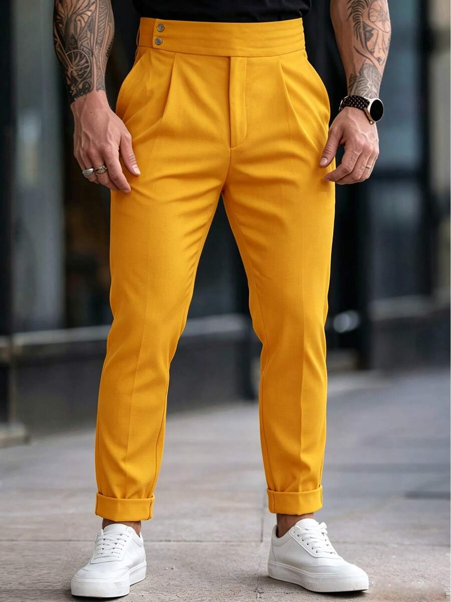 Manfinity Homme 男士時尚百搭通勤純色西裝長褲 - 黃色 - 查看 1