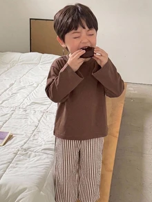 DAZY Baby Boys Round Neck Korean Style Long Sleeve Top And Striped Long Pants 2 Pieces Set Loungewear - Khaki - View 6