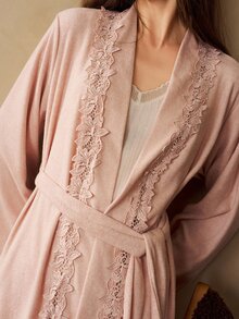 MOTF PREMIUM WOMEN'S SOLID COLOR CONTRAST LACE LONG ROBE WITH WAIST TIE - Beige - View 2