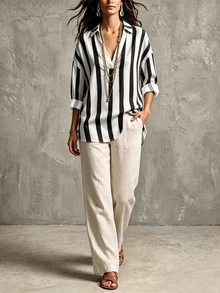 LUMIGAL Women's Early Autumn Old Money Style Striped Pattern V-Neck Design Blouse, Suitable For Commuting, Casual Daily Wear, Versatile Fashionable Shirt - Black - View 4