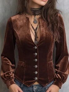 Solivie Women's Elegant Velvet Slim Fit Jacket, Autumn  Party  Going Out Tops Casual Blouses For Women Elegant Women's Blouses - Camel - View 9