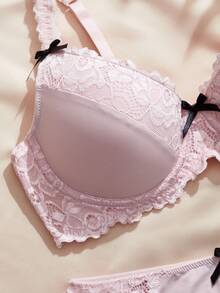 SHEIN 女款對比色蕾絲蝴蝶結裝飾時尚內衣套裝 - 淺粉色 - 查看 3