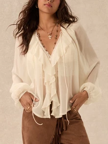 Easelle Vintage Bohemian V-Neck Ruffle Lace Patchwork Women's Blouse - Apricot - View 1