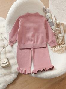 SHEIN 6 Months - 3 Years Baby Girl Bean Paste Color Round Neck Perforated Knit Cardigan With 3D Bow Decor Long Sleeve Jacket And Ruffle Hem Knit Wide Leg Pants 2 Pieces Set Infant Toddler Casual Spring Autumn Knit Outfit - Pink - View 2