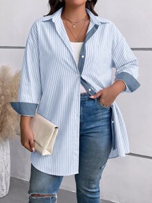 EMERY ROSE Áo sơ mi kẻ sọc thường ngày size lớn cho mùa thu - Màu xanh lam - Xem 2