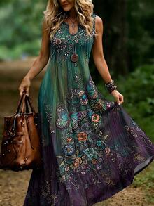 Breezaya Plus Size Women's Boho Butterfly Floral Print Notch V-Neck Sleeveless Maxi Dress, Vintage Gradient Long Swing Dresses For Fall Holiday,Music Festival - Multicolor - View 3