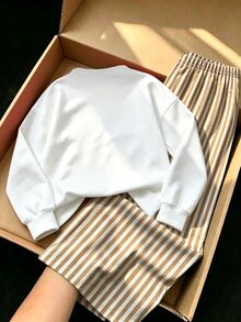 秋冬女童幼兒休閒清新亮面豹紋蝴蝶結圖案圓領衛衣與寬腿褲2件套，日常穿著，個性化，校園，可愛日系 - 彩色 - 查看 2