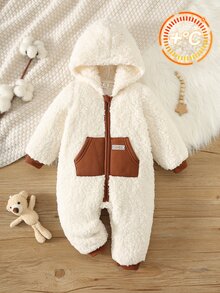 SHEIN Baby Boy Autumn/Winter Color Block Zipper Front Plush Hooded Romper - Apricot - View 1