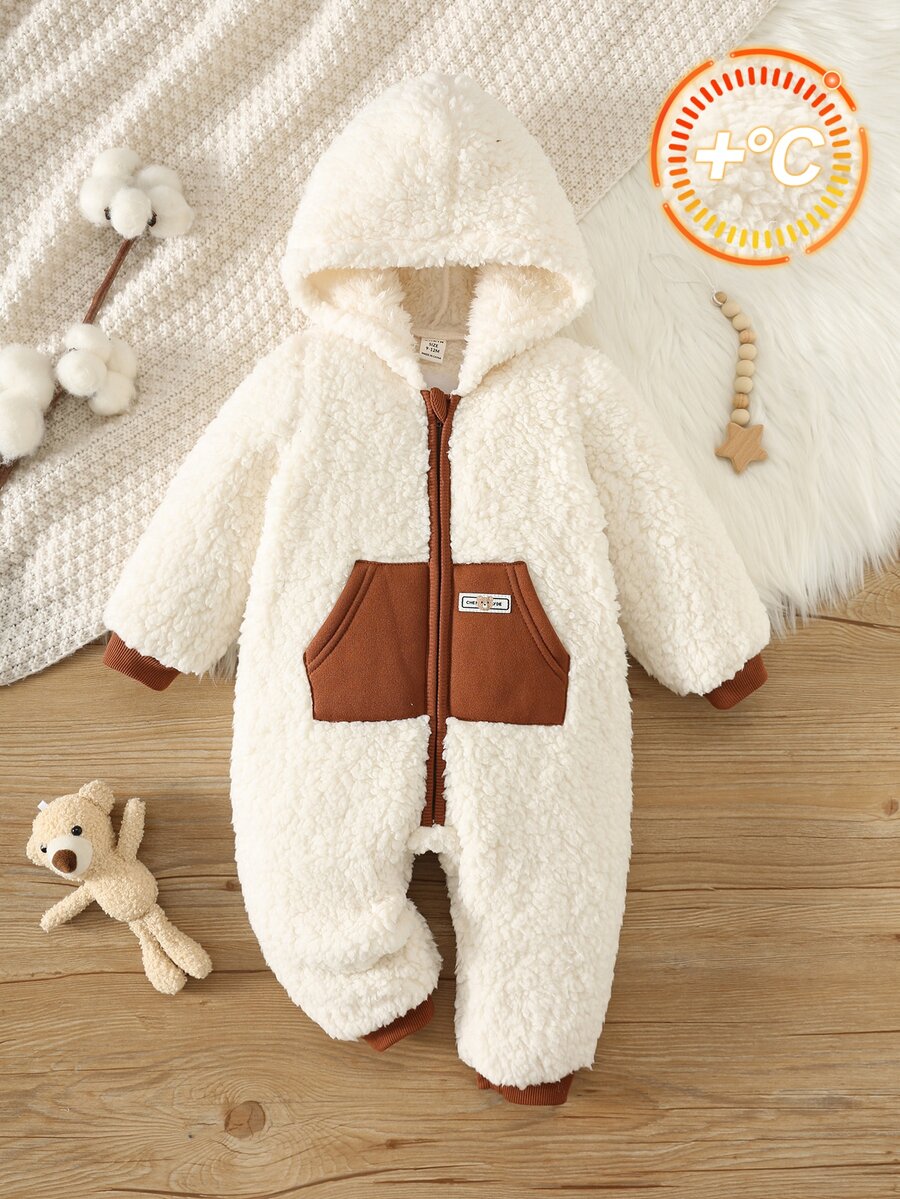 SHEIN Baby Boy Autumn/Winter Color Block Zipper Front Plush Hooded Romper - Apricot - View 1