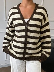 DAZY Women's Autumn/Winter Casual Color-Block Striped Cardigan - Brown - View 4
