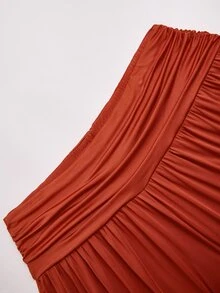 Poshavie Poshavie Plus Size Draped Batwing Sleeve Two Pieces Set, Boat Neck Ruched Top & High Waist Wide Leg Pants Eleg - Rust Brown - View 10