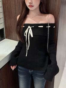 FRIFUL Women's Autumn Off-Shoulder Contrast Color Drawstring Tie Flare Sleeve Sweater Long Sleeve Tops - Black - View 3