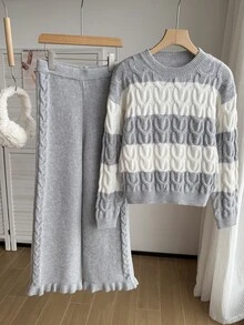 SHEIN Grårandigt kontrastfärgat stickat 2-delat set för höst/vinter för kvinnor och stora tween-flickor, rundhalsad pullovertröja med lång ärm och tvinnat repmönster, stickade byxor med volangfåll, avslappnat, varmt och bekvämt, lämpligt för dagligt bruk - Grå - Visa 4