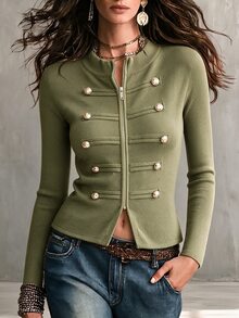 SHEIN Jaket Rajut Kerah Tegak Musim Gugur/Musim Dingin, Kardigan Pendek Pas Badan dengan Kancing Emas Dekoratif dan Resleting - Hijau Tentara - View 1