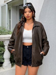 Muchica Plus Size Distressed PU Leather Loose Jacket - Coffee Brown - View 5