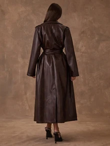 SHEIN BAE Women's Solid Color Lapel Neck Long Sleeve PU Leather Long Fashion Trench Coat - Brown - View 2