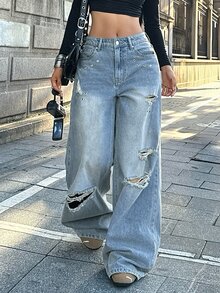 StreetHx Distressed Washed Light Blue Ripped Wide Leg Jeans Metal Eyelet Decor Loose Long Pants Rave Concert Autumn Streetwear Y2k Grunge - Light Wash - View 6