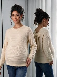 Momance Maternity Solid Color Drop Shoulder Long Sleeve Sweater With Bow Back Decor Photoshoot Formal White Fall And Winter Maternity Casual - Apricot - View 2