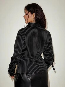 Orbivine Women's Plus Size Black Striped Lace Patchwork Double Buckle Decor Shirt - Black - View 2