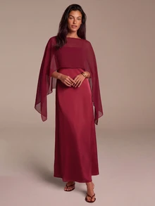 COSMINA Women's Solid Color High-Low Hem Top And Camisole Dress Elegant 2 Pieces Set Wedding Dinner Burgundy Red Autumn - Burgundy - View 5