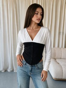 Coastalzia Two Tone V Neck Ruched Long Sleeve Corset Top, Color Block Button Front Slim Fitted Crop Blouse - Multicolor - View 8
