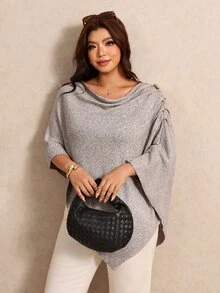 Elaquor Plus Size Women's Solid Color Cowl Neck Batwing Sleeve Loose Pullover Sweater - Khaki - View 6