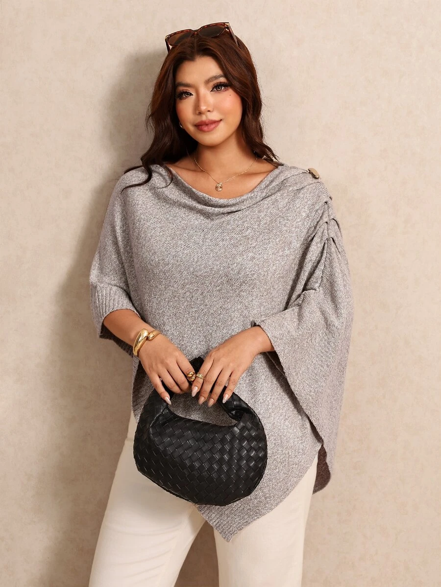 Elaquor Sweater Pullover Longgar Lengan Kelelawar Leher Kerah Warna Polos untuk Wanita Ukuran Besar - Khaki - View 1