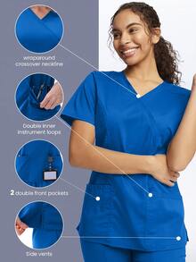 TaskEZ Women's Matte Wrap Top With 2 Pockets And Princess Seams On Back - Royal Blue - View 3